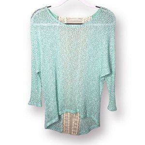 Jodifl Size S Aqua Lightweight Breezy Knit Lace Back High Low 3/4 Sleeve Sweater